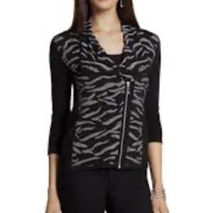 Chicos Size 2 Eliza Cardigan Long Sleeve Zebra Print Asymmetrical Zipper Black L